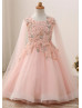Pearl Beaded Blush Pink Embroidery Lace Tulle Flower Girl Dress